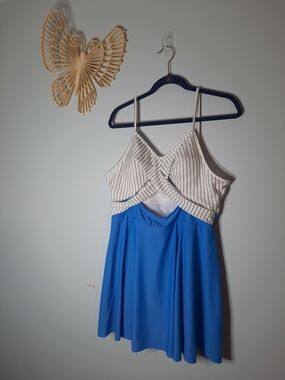 NWT Sz 18-22 Blue/White Striped Swim Dress With Cutout and Adjustable Straps